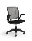 Humanscale World Chair with black mesh, black frame, polyurethane lotus black fabric seat, side view. Kansas City Office Design