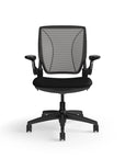 Humanscale World Chair with black mesh, black frame, polyurethane lotus black fabric seat, front view. Kansas City Office Design