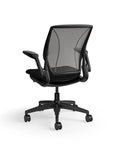 Humanscale World Chair with black mesh, black frame, black polyurethane lotus fabric seat, back view. Kansas City Office Design