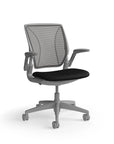 Humanscale World Chair with black mesh, gray frame, black polyurethane lotus fabric seat, side view. Kansas City Office Design