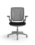 Humanscale World Chair with black mesh, gray frame, black polyurethane lotus fabric seat, front view. Kansas City Office Design