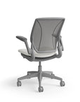 Humanscale World Chair with black mesh, gray frame, white polyurethane lotus fabric seat, back view. Kansas City Office Design