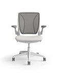 Humanscale World Chair with black mesh, white frame, white polyurethane lotus fabric seat, front view. Kansas City Office Design