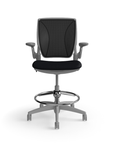Humanscale World LM counter-height stool in black seat and gray frame, side view