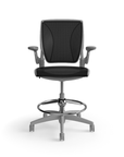 Humanscale World LM mesh back counter-height stool in black seat and gray frame, side view