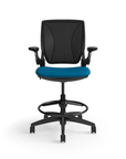 Humanscale World LM counter-height stool in peacock seat and black frame, side view