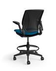 Humanscale World LM counter-height stool in peacock seat and black frame, three-quarter view