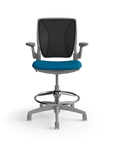 Humanscale World LM counter-height stool in peacock seat and gray frame, side view