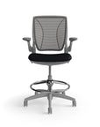 Humanscale World Stool with black mesh, gray frame, black fabric seat, front view. Kansas City Office Design