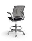 Humanscale World Stool with black mesh, gray frame, black fabric seat, back view. Kansas City Office Design