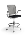 Humanscale World Stool with black mesh, white frame, black fabric seat, side view. Kansas City Office Design