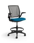 Humanscale World Stool with black mesh, black frame, peacock blue fabric seat, side view. Kansas City Office Design