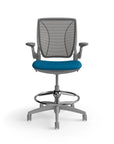 Humanscale World Stool with black mesh, grey frame, peacock blue fabric seat, front view. Kansas City Office Design