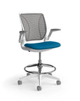 Humanscale World Stool with black mesh, white frame, peacock blue fabric seat, side view. Kansas City Office Design