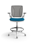 Humanscale World Stool with black mesh, white frame, peacock blue fabric seat, front view. Kansas City Office Design