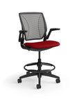 Humanscale World Stool with black mesh, black frame, Parma Red fabric seat, side view. Kansas City Office Design