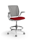 Humanscale World Stool with black mesh, white frame, Parma Red fabric seat, side view. Kansas City Office Design