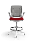 Humanscale World Stool with black mesh, white frame, Parma Red fabric seat, front view. Kansas City Office Design