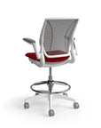 Humanscale World Stool with black mesh, white frame, Parma Red fabric seat, back view. Kansas City Office Design