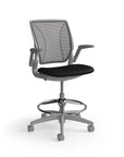 Humanscale World Stool with black mesh, gray frame, black fabric, side view. Kansas City Office Design