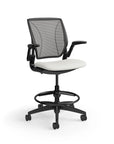 Humanscale World Stool with black mesh, black frame, white polyurethane lotus fabric seat, side view. Kansas City Office Design
