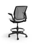 Humanscale World Stool with black mesh, black frame, white polyurethane lotus fabric seat, back view. Kansas City Office Design