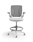 Humanscale World Stool with black mesh, white frame, white polyurethane lotus fabric seat, front view. Kansas City Office Design