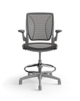 Humanscale World Stool with black mesh, gray frame, front view. Kansas City Office Design
