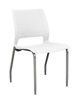 Front view of a SitOnIt Lumin 4Leg Stack Chair in white color with silver frame. Kansas City Office Design.