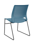 Back view of a SitOnIt Lumin sled base Stack Chair in lagoon color with black frame. Kansas City Office Design.
