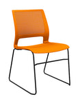 Front view of a SitOnIt Lumin sled base Stack Chair in orange color with black frame. Kansas City Office Design.