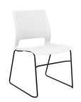 Front view of a SitOnIt Lumin sled base Stack Chair in white color with black frame. Kansas City Office Design.