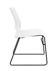 Side view of a SitOnIt Lumin sled base Stack Chair in white color with black frame. Kansas City Office Design.