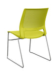 Back view of a SitOnIt Lumin sled base Stack Chair in green color with chrome frame. Kansas City Office Design.