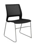 Front view of a SitOnIt Lumin sled base Stack Chair in black color with chrome frame. Kansas City Office Design.