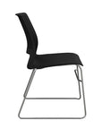 Side view of a SitOnIt Lumin sled base Stack Chair in black color with chrome frame. Kansas City Office Design.