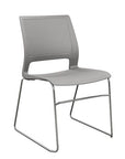 Front view of a SitOnIt Lumin sled base Stack Chair in gray color with chrome frame. Kansas City Office Design.