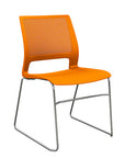 Front view of a SitOnIt Lumin sled base Stack Chair in orange color with chrome frame. Kansas City Office Design.