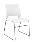 Front view of a SitOnIt Lumin sled base Stack Chair in white color with chrome frame. Kansas City Office Design.