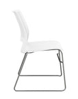 Side view of a SitOnIt Lumin sled base Stack Chair in white color with chrome frame. Kansas City Office Design.
