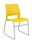 Front view of a SitOnIt Lumin sled base Stack Chair in yello color with chrome frame. Kansas City Office Design.