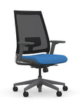 Front view of the 9to5 seating Luna highback task chair in gray frame and blue fabric. Kansas City Office Design.