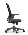 Side view of the 9to5 seating Luna highback task chair in gray frame and blue fabric. Kansas City Office Design.