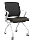 Front view of the SitOnIt Movi Nesting Chair in black vinyl fabric and white frame. Kansas City Office Design.
