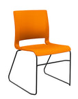 Front view of the SitOnIt Rio Wire Stacking chair in orange poly with black frame. Kansas City Office Design.