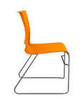 Side view of the SitOnIt Rio Wire Stacking chair in orange poly with chrome frame. Kansas City Office Design.