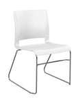 Front view of the SitOnIt Rio Wire Stacking chair in white poly with chrome frame. Kansas City Office Design.