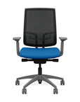 Front view of the Highback SitonIt Focus 2.0 Ergonomic Desk Chair in a black mesh, fog frame, blue fabric seat. Kansas City Office Design