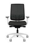Front view of the Highback SitonIt Focus 2.0 Ergonomic Desk Chair in a black mesh, white frame, black vinyl fabric seat. Kansas City Office Design