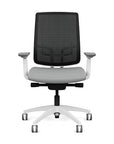 Front view of the Highback SitonIt Focus 2.0 Ergonomic Desk Chair in a black mesh, white frame, platinum vinyl fabric seat. Kansas City Office Design